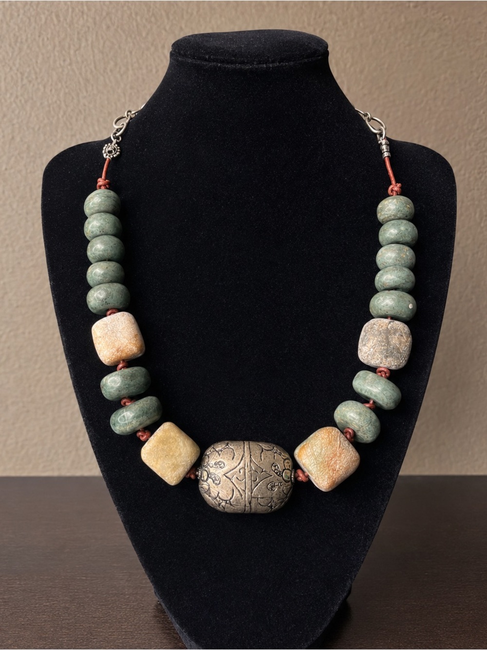 Vintage Artisan Stone Bead Necklace Southwestern Style Heavy Statement Piece